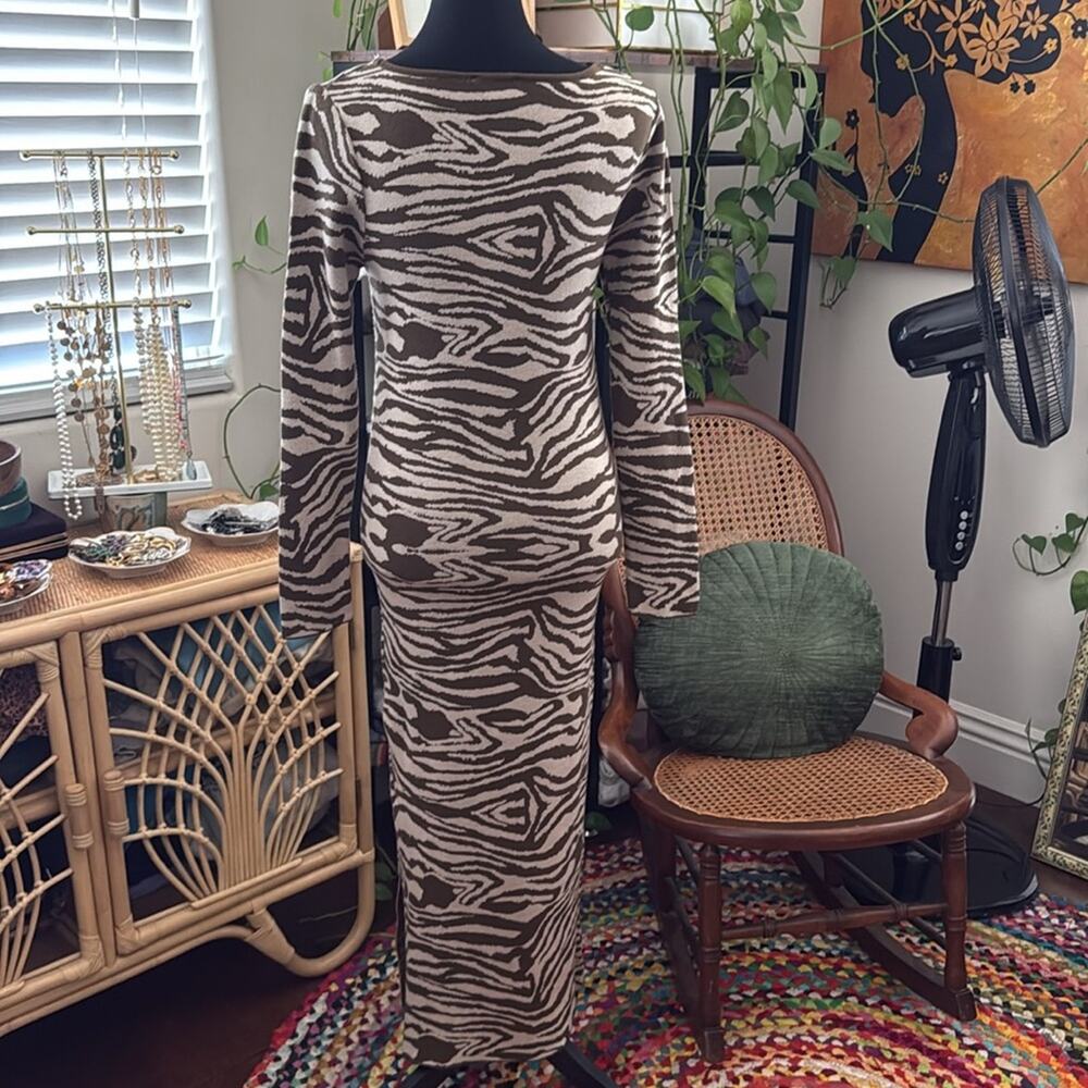 ASOS Beige and Brown Zebra Print Knit Sweater Bodycon Fierce Femme Maxi Dress - Picture 2 of 6